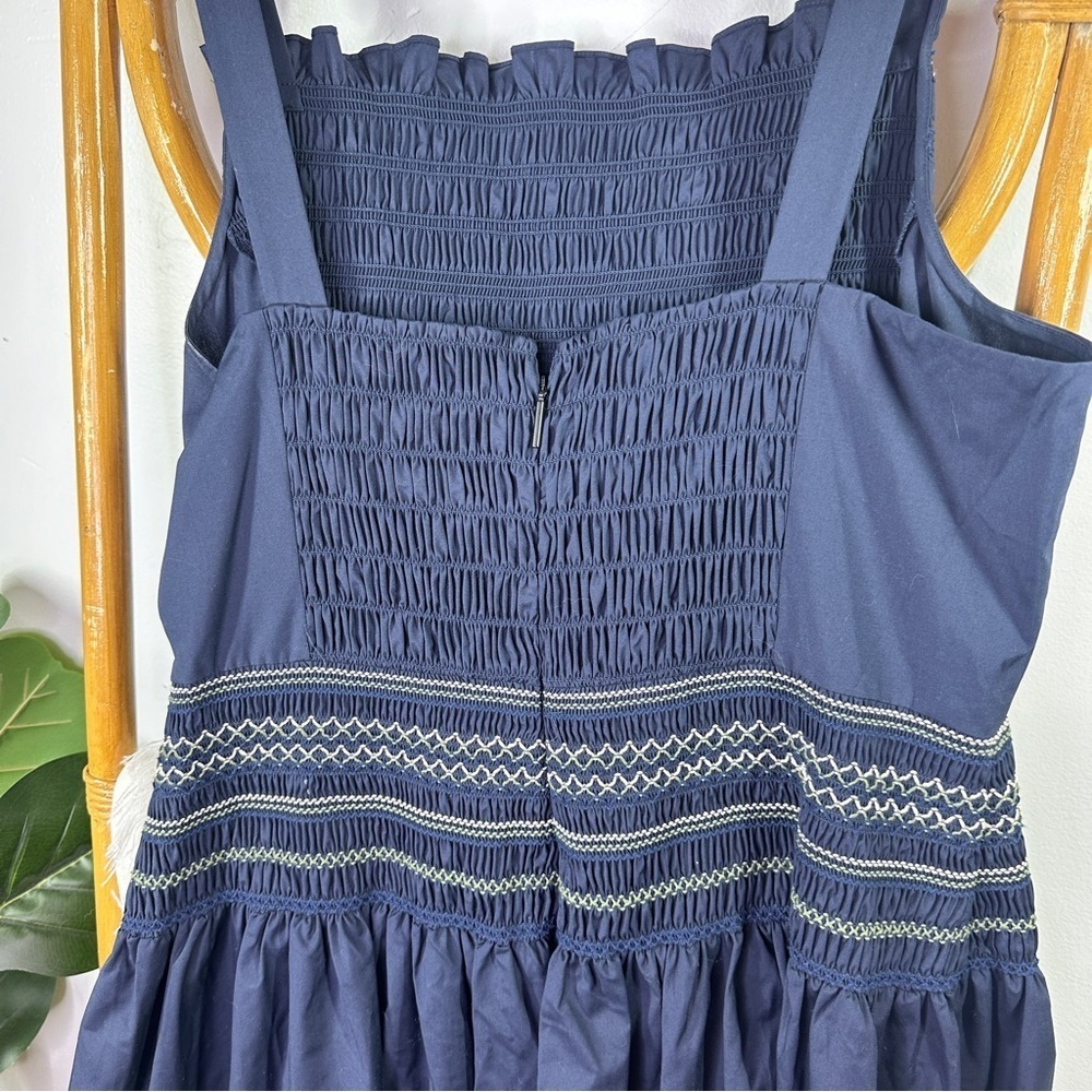 Jason Wu Smocked Drop Waist Midi Dress Navy Blue sz 14 - Picture 9 of 11
